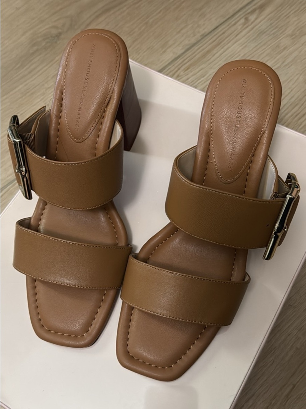 White House Black Market Tan Double-Strap Block Heel Sandals